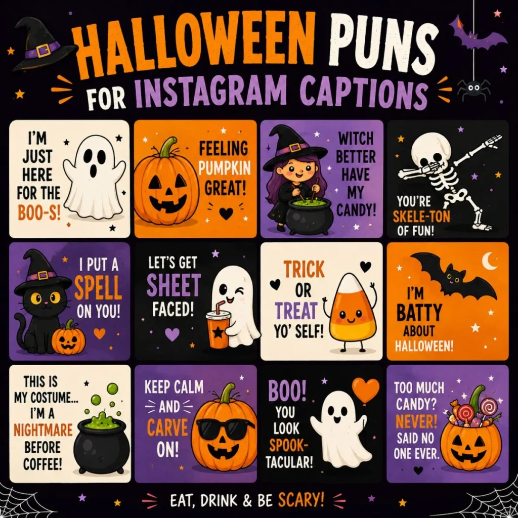 Halloween puns for Instagram captions featuring funny ghost, pumpkin, witch, skeleton, and spooky cartoon illustrations.