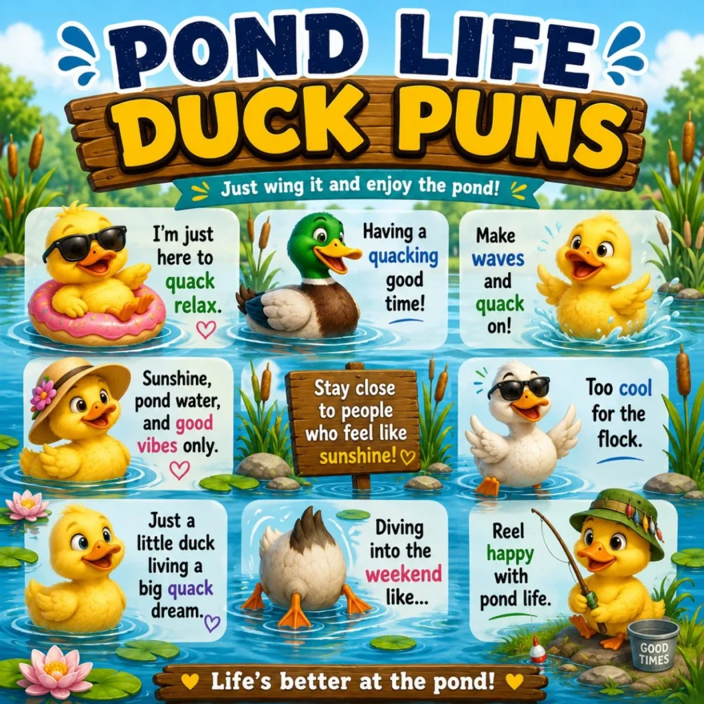 Cute pond life duck puns poster with cartoon ducks, funny quack jokes, lily pads, and peaceful pond scenery.
