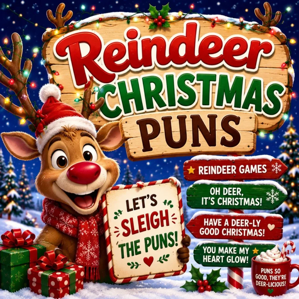 Reindeer Christmas puns banner with a smiling reindeer, festive gifts, snowy landscape, and colorful holiday decorations.