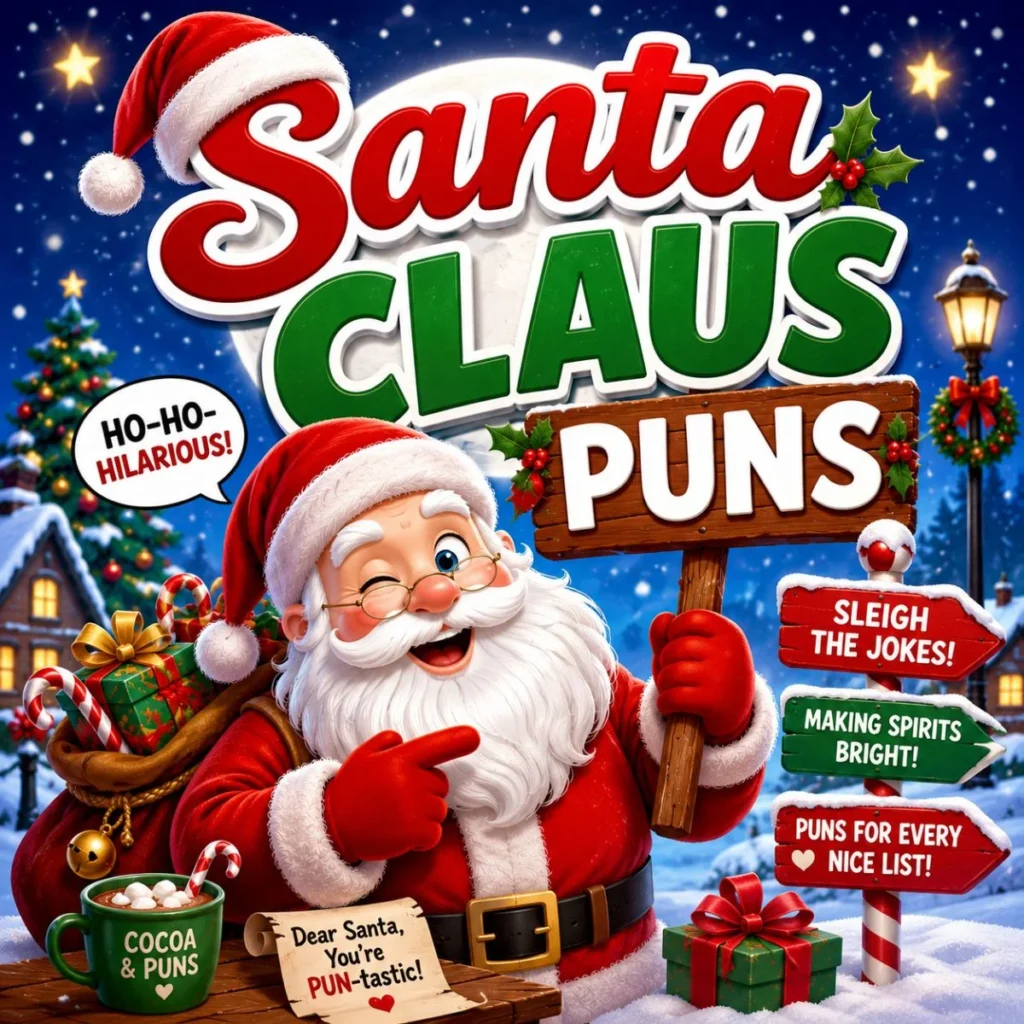 Santa Claus puns illustration with cheerful Santa, Christmas gifts, snowy village, and festive holiday decorations.