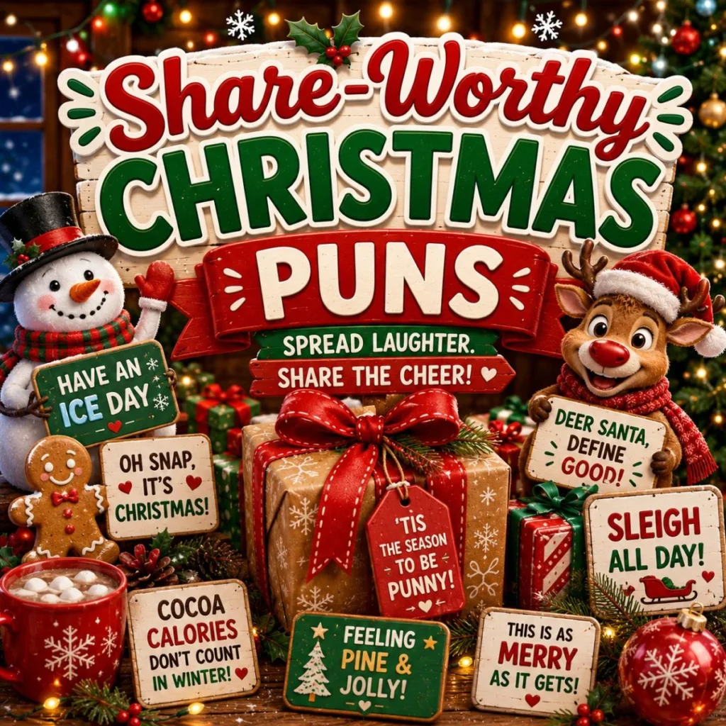Share-worthy Christmas puns banner with festive gifts, snowman, reindeer, hot cocoa, and colorful holiday decorations.