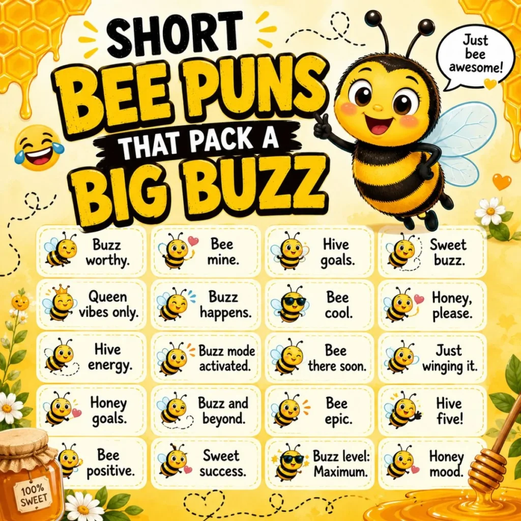 Short bee puns poster with a cute cartoon bee, funny one-liners, honeycomb graphics, and bright yellow background.