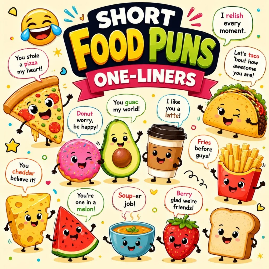 Short food puns one-liners with cute pizza, taco, donut, avocado, fries, coffee, cheese, and fruit characters