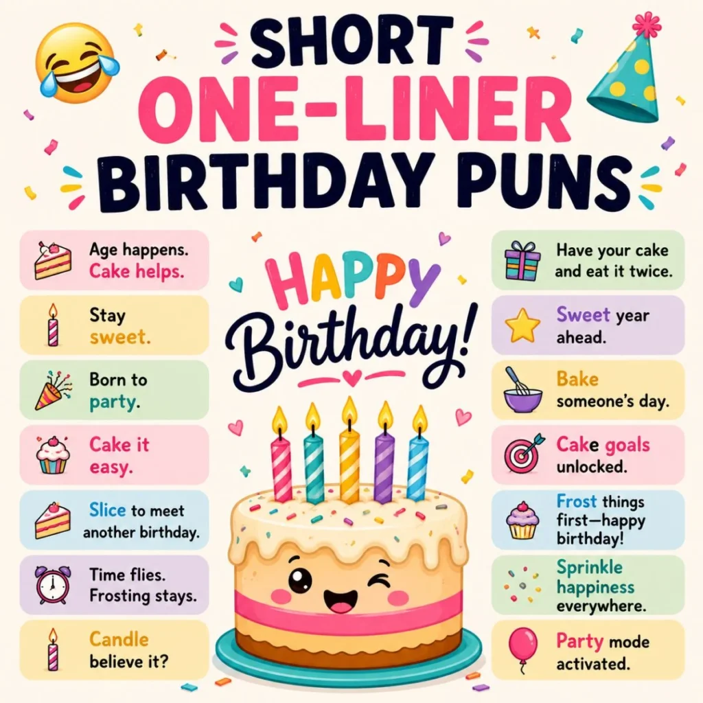 Short one-liner birthday puns poster with a smiling cake, colorful candles, balloons, and funny birthday quotes.