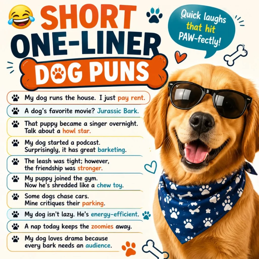 Short one-liner dog puns infographic with a smiling puppy in sunglasses and funny dog joke