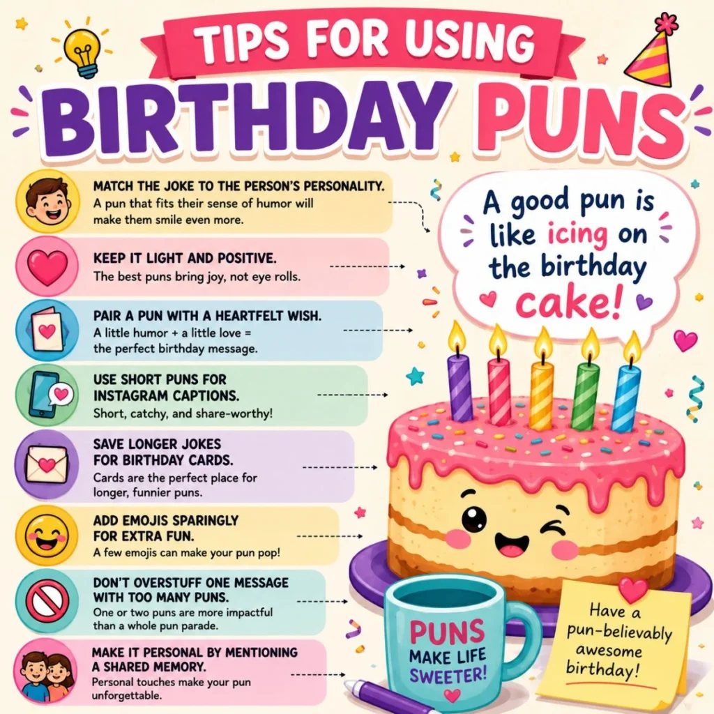 Tips for using birthday puns infographic with a birthday cake, candles, fun icons, and practical pun-writing advice.