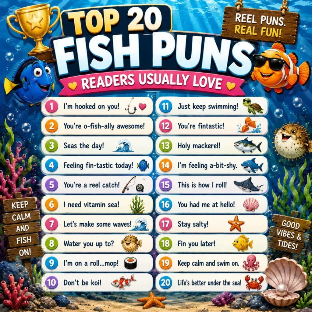 Top 20 fish puns readers love infographic with funny ocean jokes, colorful fish characters, and underwater theme