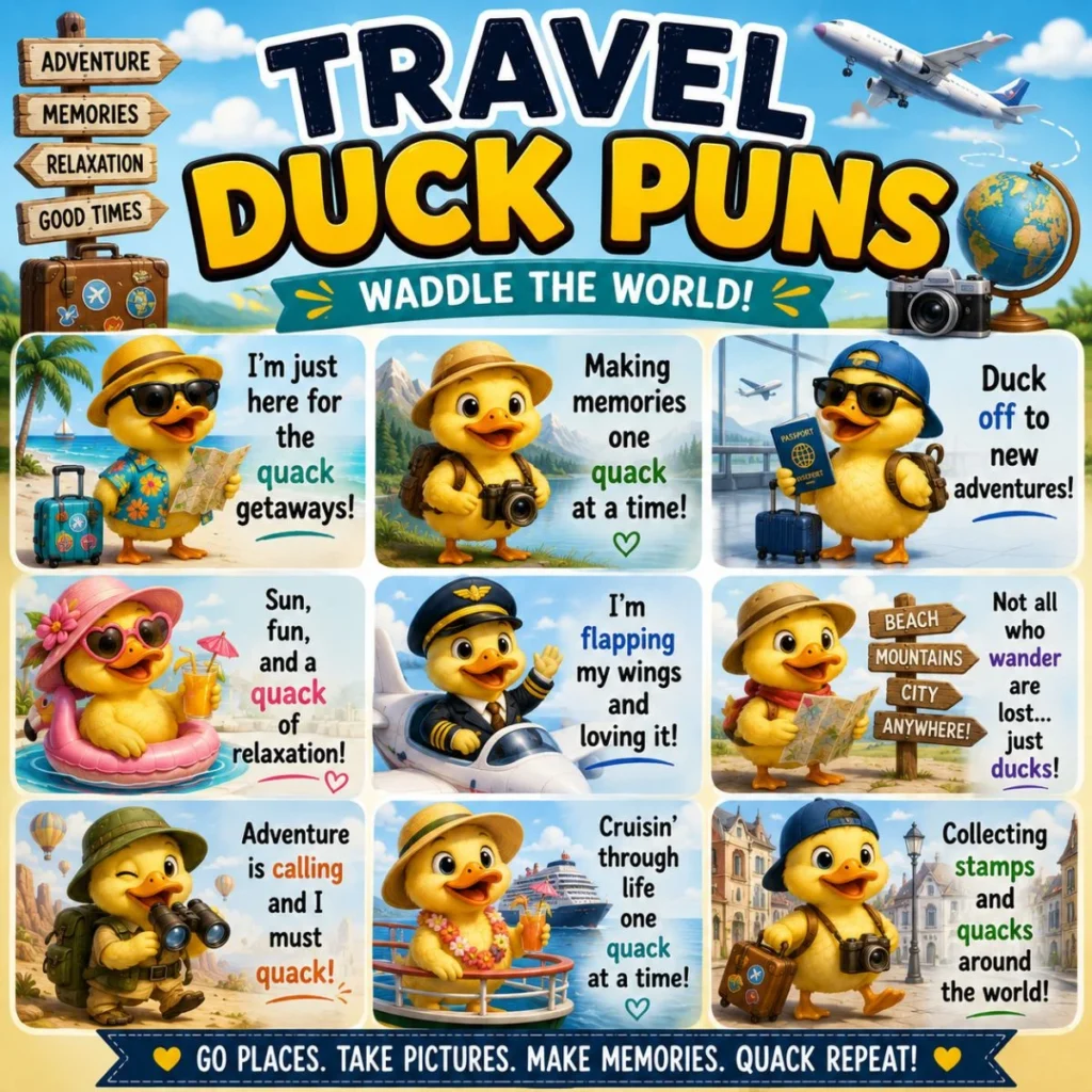 Travel duck puns poster with cute cartoon ducks, funny vacation jokes, suitcases, airplanes, and adventure-themed humor.