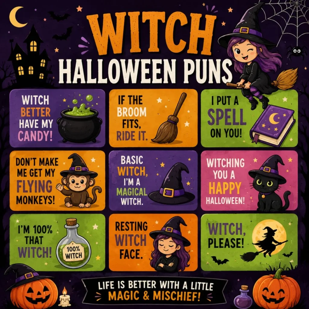 Witch Halloween puns graphic with funny witch jokes, broom, cauldron, black cat, pumpkins, and spooky Halloween art.