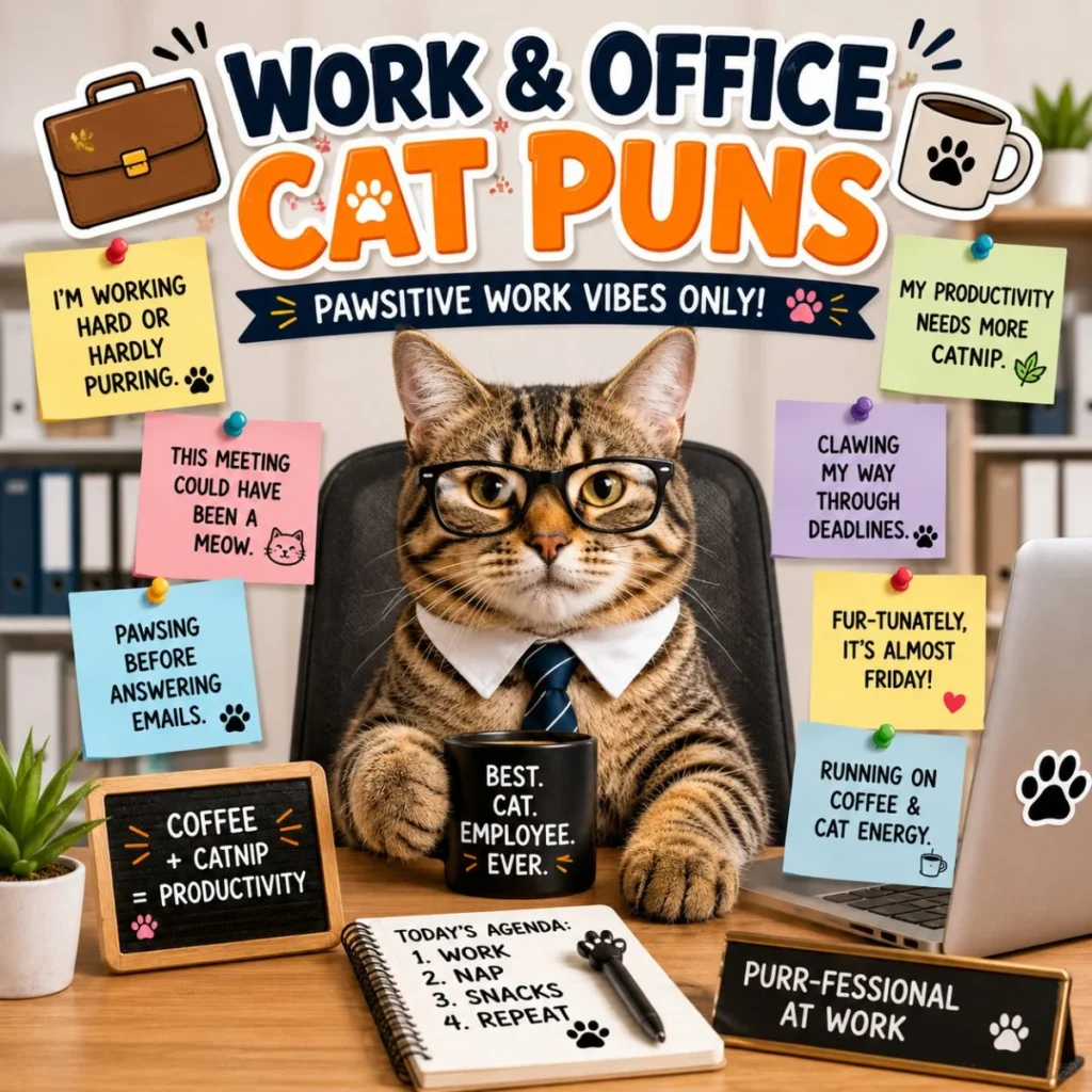 Work and office cat puns poster featuring a cat in glasses at a desk with funny workplace humor notes