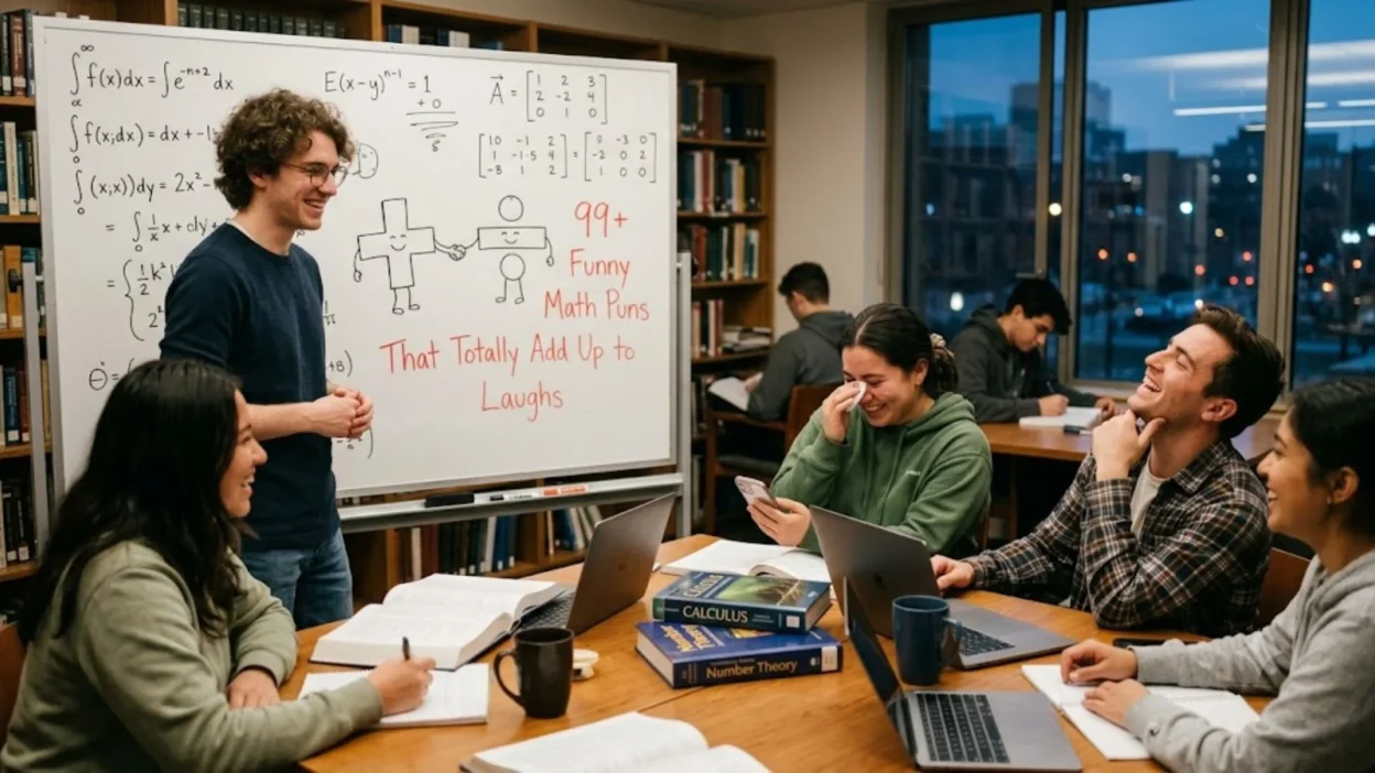 Students laugh around a wooden table in a library near a whiteboard with math formulas and funny drawings.