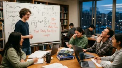 Students laugh around a wooden table in a library near a whiteboard with math formulas and funny drawings.