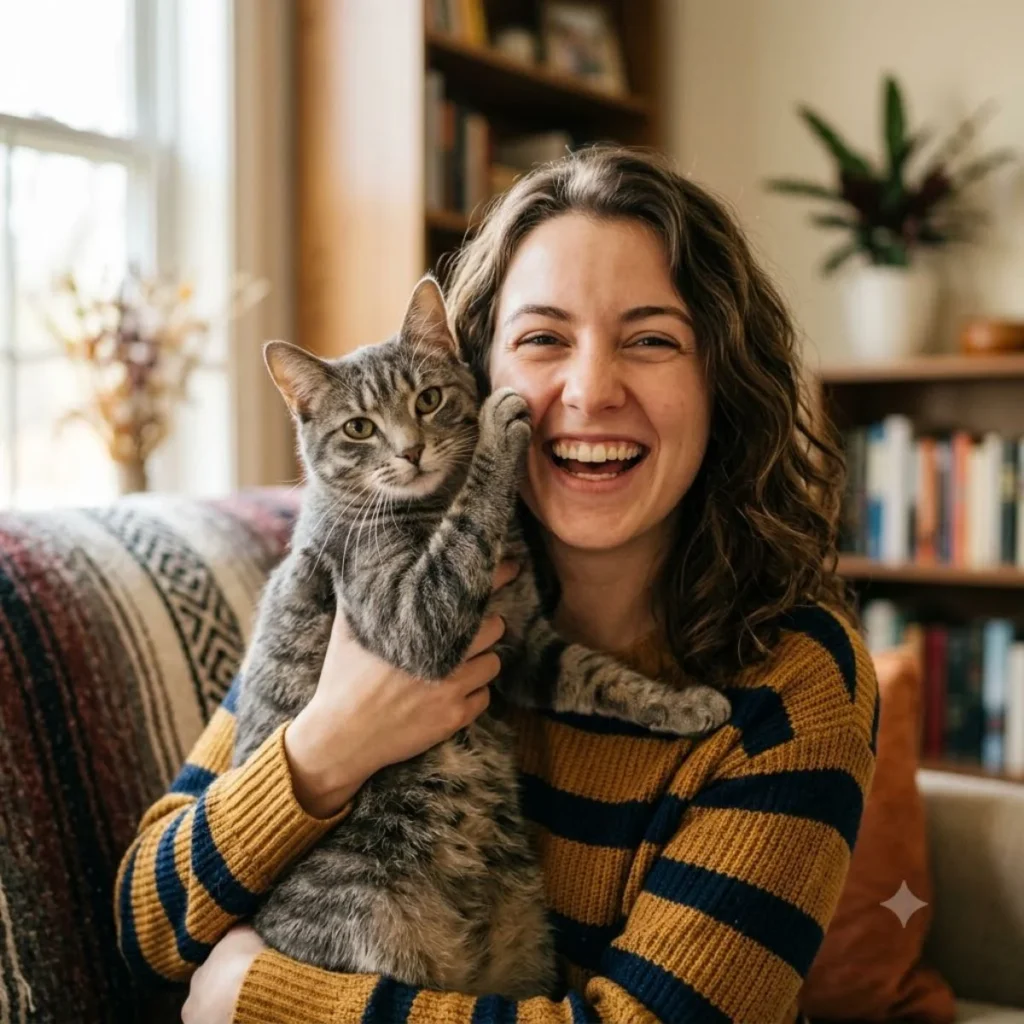 Laughing young woman holding a fluffy tabby cat in a cozy living room setting.