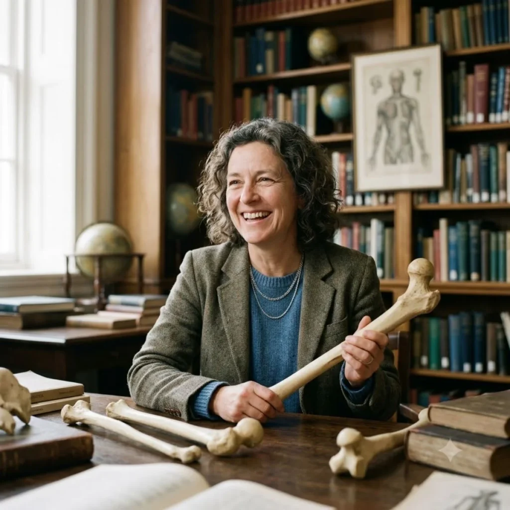Smiling woman holding a skeletal bone at a desk, ideal for a bone puns collection.