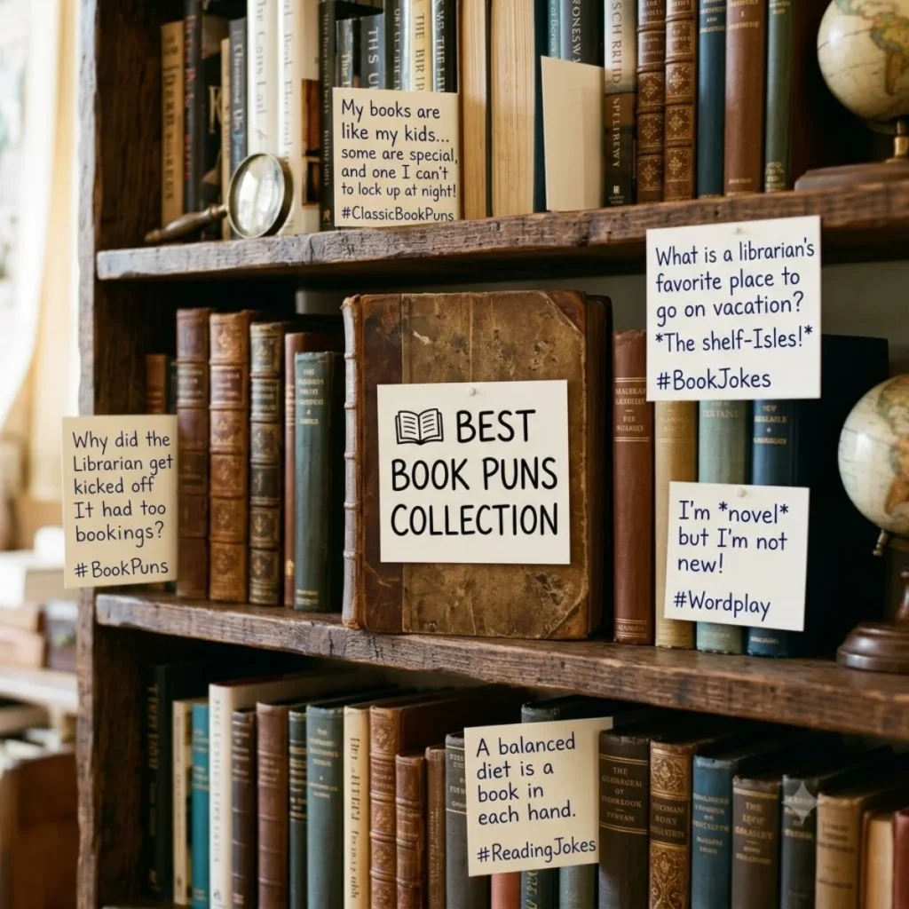 Notes with clever book puns pinned to old volumes on a wooden library shelf.