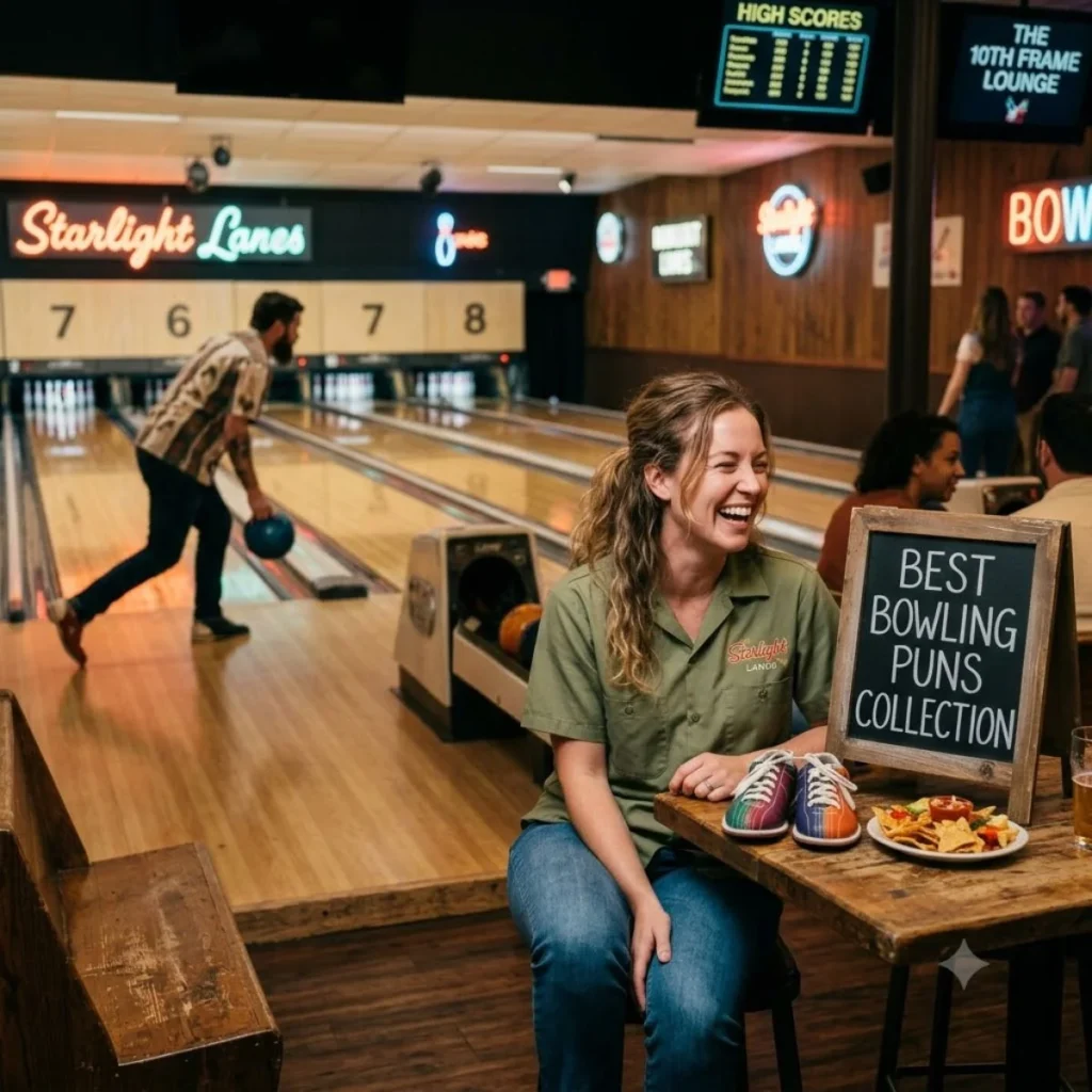 A woman laughing at a bowling alley table next to a chalkboard sign that reads Best Bowling Puns Collection