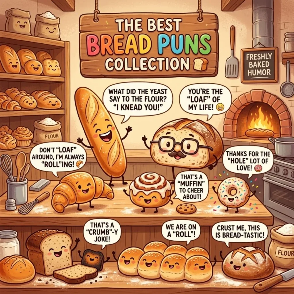Cute cartoon bread characters telling funny bakery puns in a cozy kitchen background
