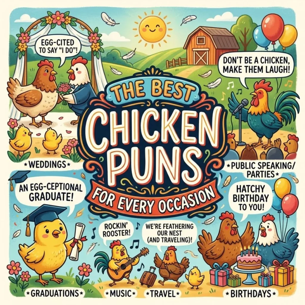 A colorful infographic illustrating chicken puns for weddings, parties, graduations, and more.