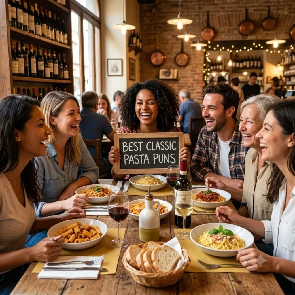 A group of smiling friends enjoying dinner at an Italian restaurant while holding a sign that says Best Classic Pasta Puns.