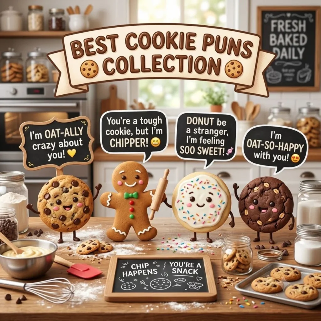 Adorable cartoon cookies standing on a bakery counter with playful pun speech bubbles