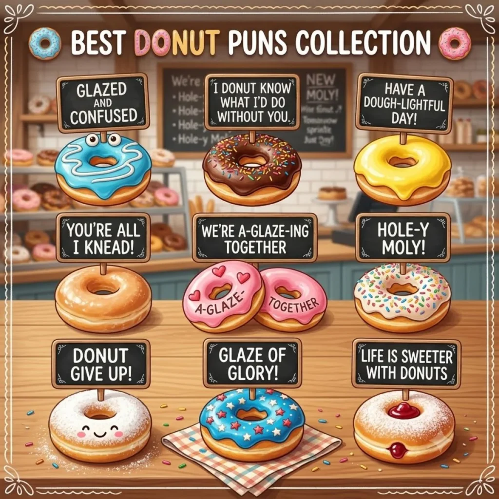 A collection of decorated donuts with small chalkboard pun signs on a bakery counter.