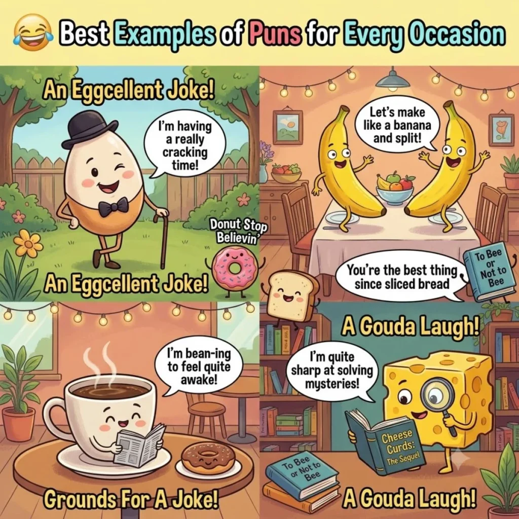 Four comic panels featuring cheerful food items telling funny puns.