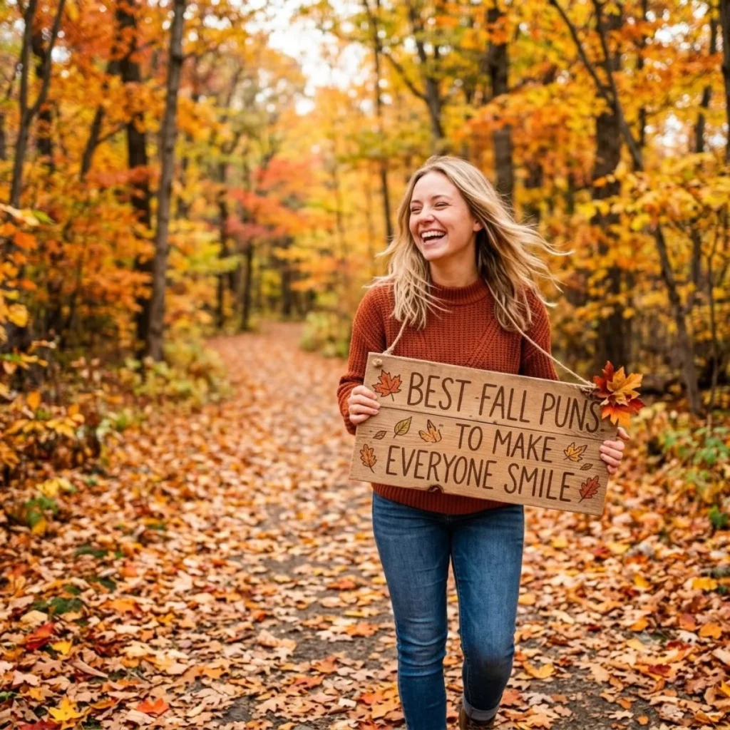 A cheerful woman holding a wooden sign about fall puns while walking on a path covered in autumn leaves.