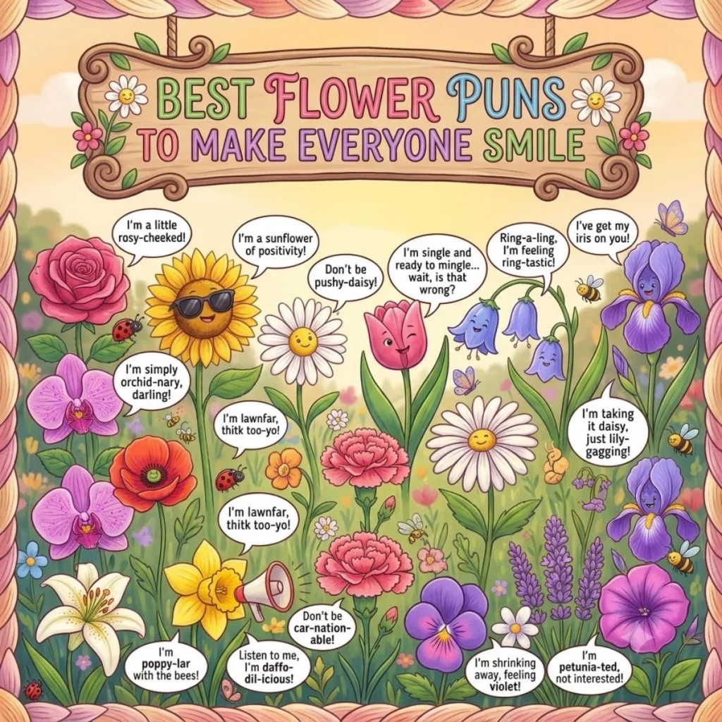 Square cartoon illustration of cute smiling flowers in a garden sharing funny puns in speech bubbles