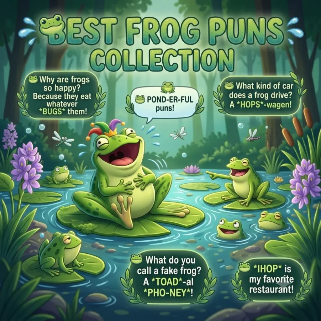 Vibrant cartoon illustration of a frog pond, featuring laughing frogs and several classic frog-themed jokes and puns.