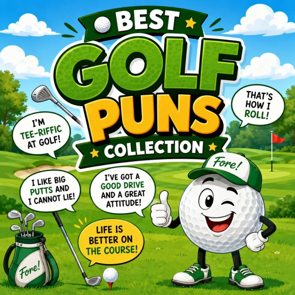 Best golf puns collection featuring a smiling golf ball mascot, golf clubs, fun speech bubbles, and a bright golf course.
