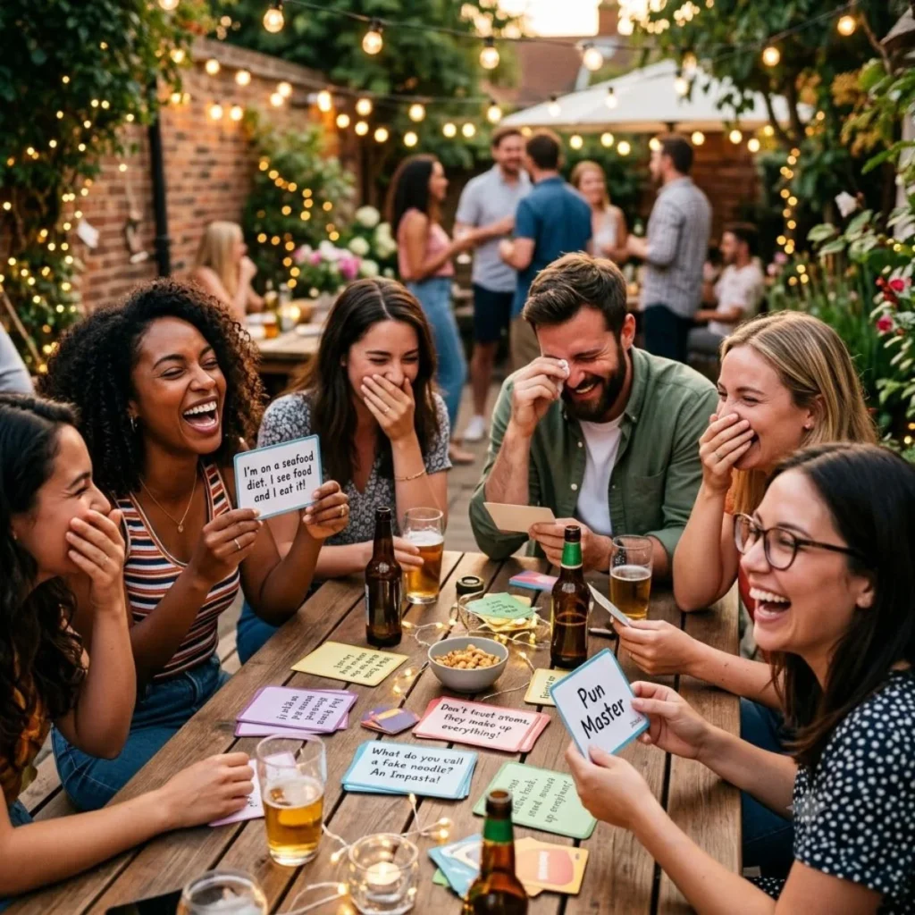 Friends laughing hysterically while playing a pun-based card game at an outdoor backyard dinner party.