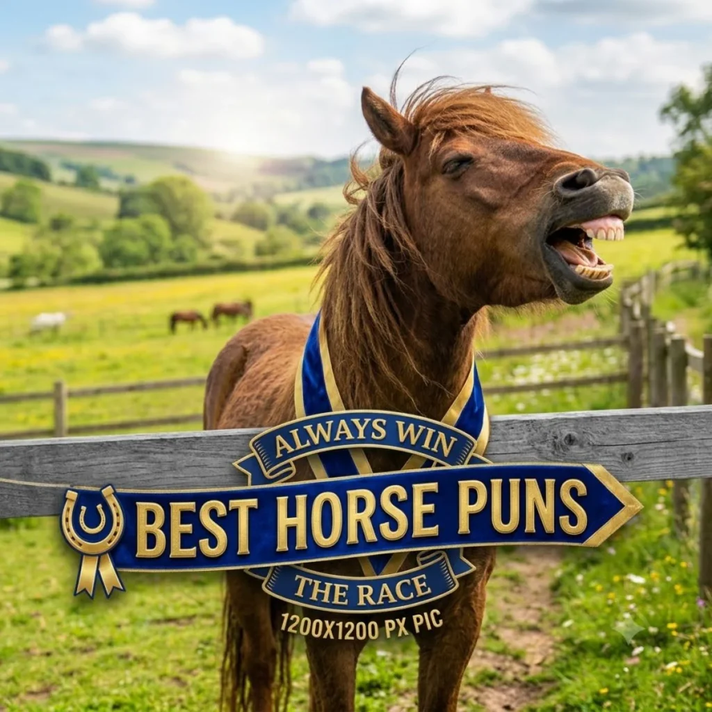 Laughing horse wearing a blue ribbon award for best horse puns in a green pasture.