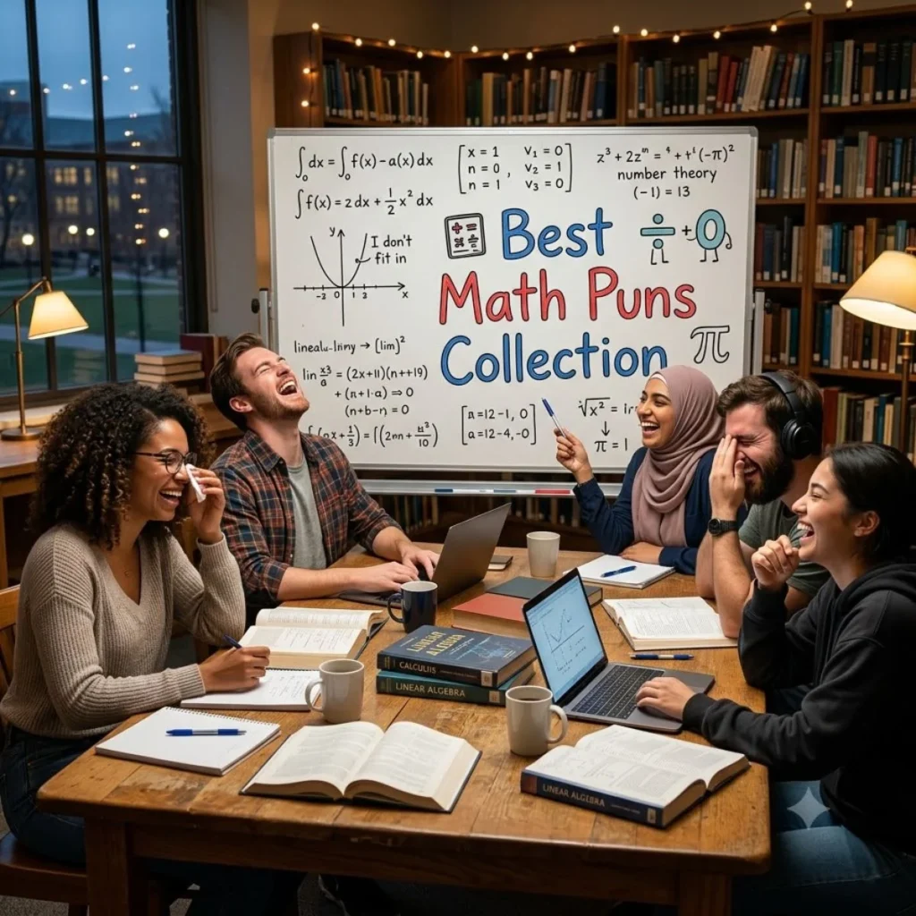 Students laugh around a library table next to a whiteboard displaying the text Best Math Puns Collection.