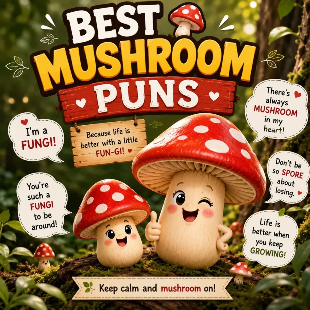 Best mushroom puns illustration with cute cartoon mushrooms, funny quotes, and a cheerful forest backdrop