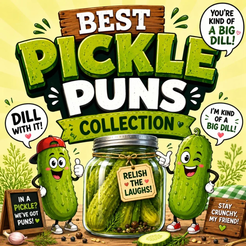 Best pickle puns collection featuring cute cartoon pickles, a pickle jar, and funny "big dill" signs