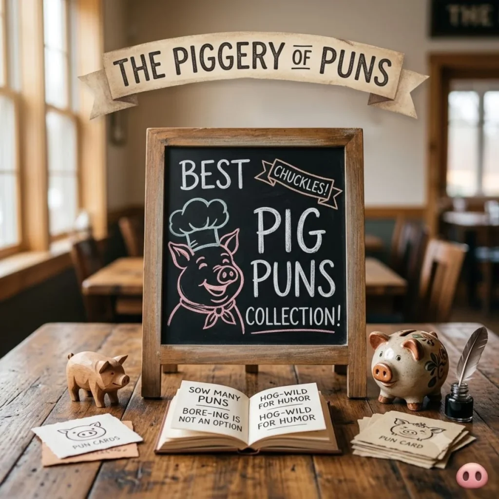A wooden tabletop display featuring a chalkboard sign with a chef pig drawing, an open joke book, and pig figurines.