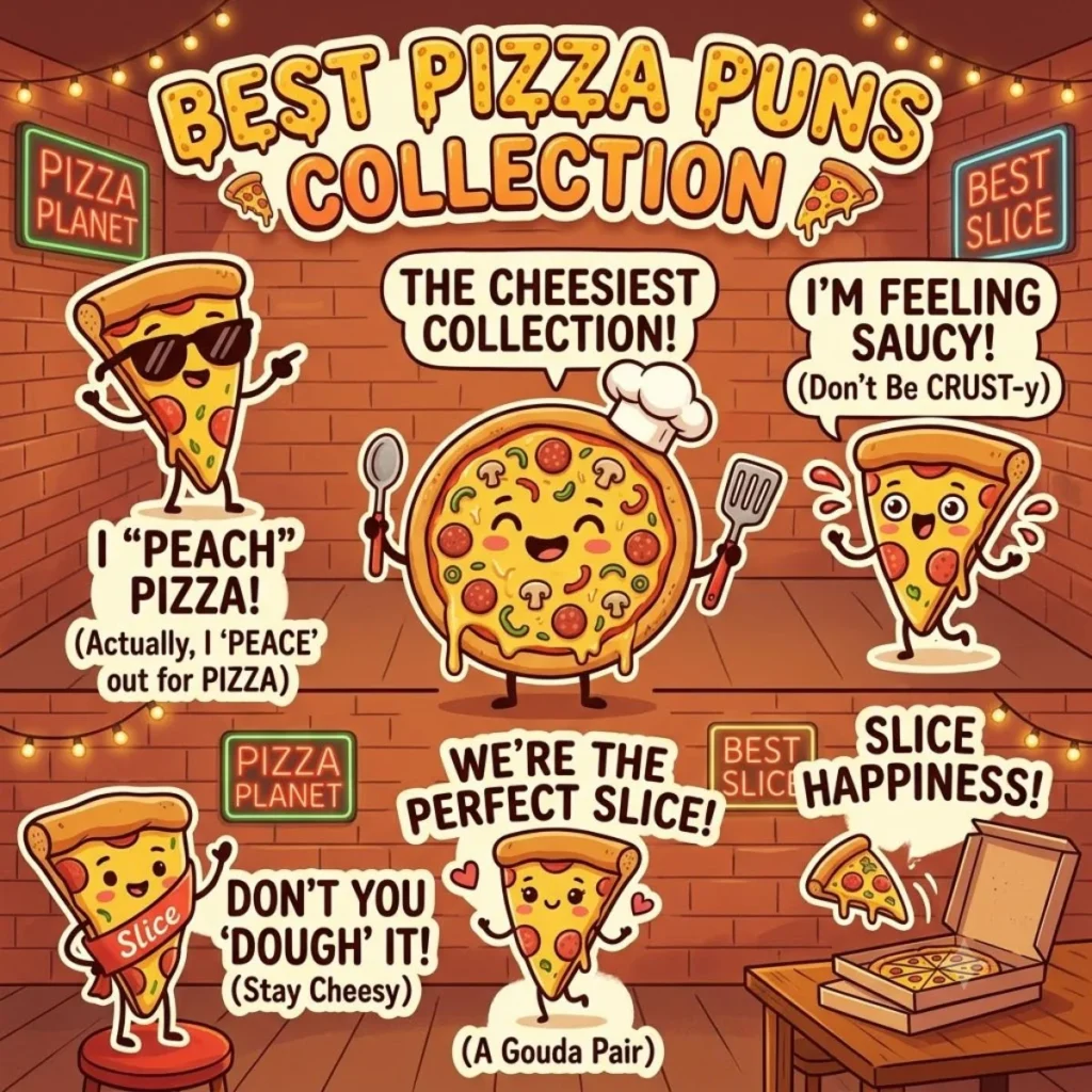 Funny cartoon pizza characters with clever puns in a cozy pizza parlor graphic design