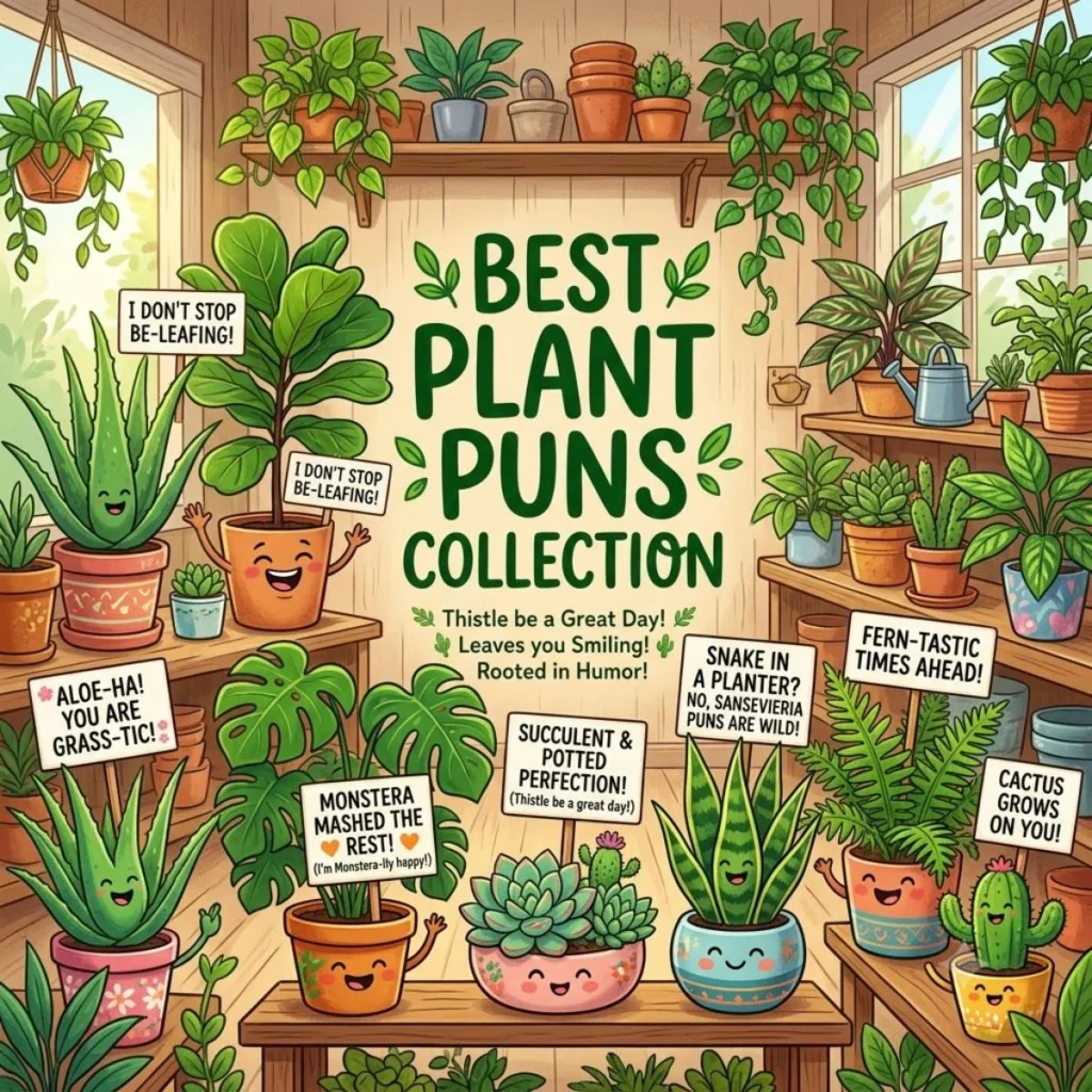 Cute cartoon potted plants holding funny pun signs inside a bright greenhouse shop