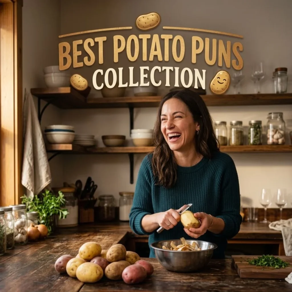 Woman laughing in a rustic kitchen peeling potatoes under a best potato puns collection sign.