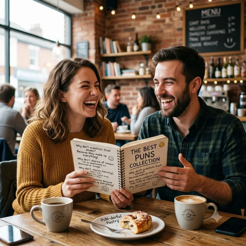 A smiling man and woman reading a book titled The Best Puns Collection at a cozy cafe table.