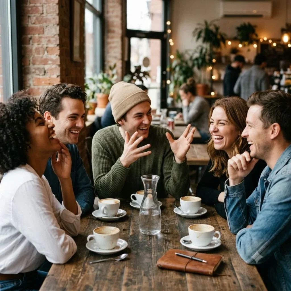 A diverse group of five friends laughing heartily at a cafe table while sharing the best puns examples.
