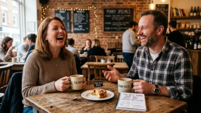 A man and woman laughing out loud over coffee and pastries at a rustic cafe table.