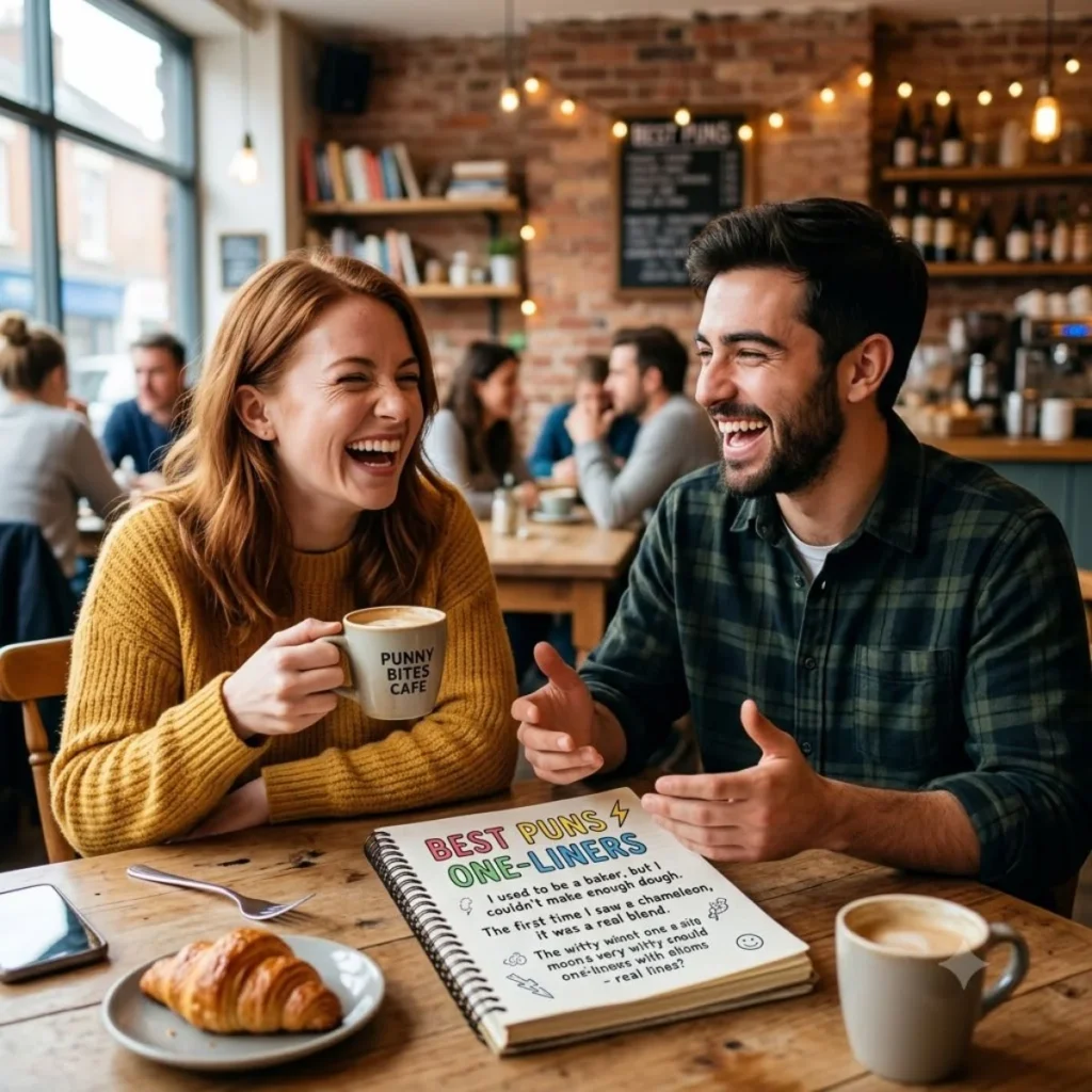 A man and a woman laughing together at a cafe table next to a notebook titled Best Puns One-Liners.
