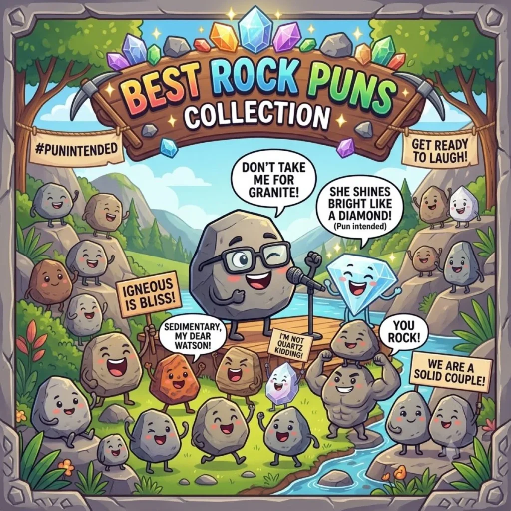 Cute cartoon stones and crystals sharing funny rock puns in a forest.