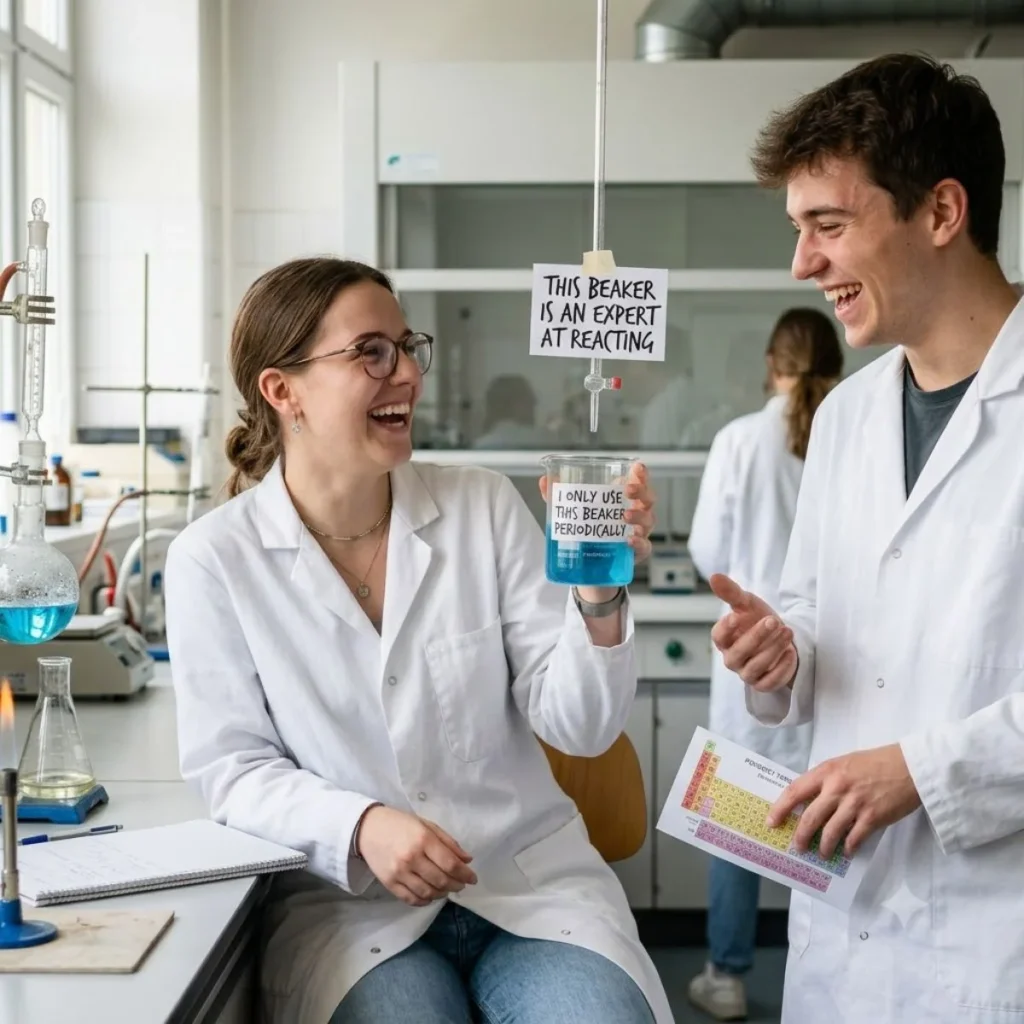 Two young scientists laughing in a bright chemistry lab while holding a periodic table and a beaker.