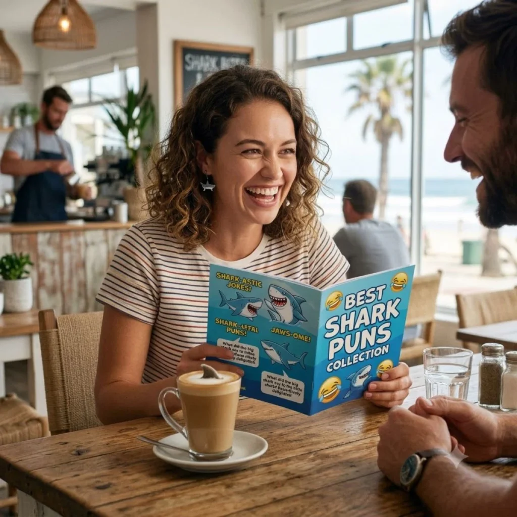 A happy couple laughing together at a beachside cafe while looking at a brochure titled Best Shark Puns Collection
