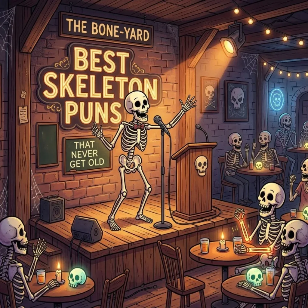 A cartoon skeleton comedian performing on stage in front of a laughing skeleton audience in a comedy club.