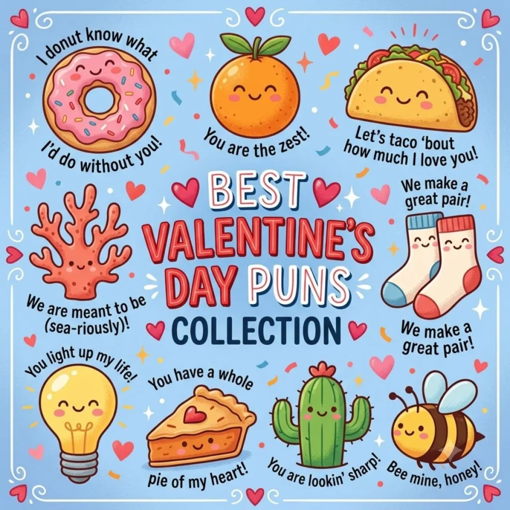 "Vintage Valentine's Day Puns Collection sign pinned on a rustic wooden background." (90 characters)