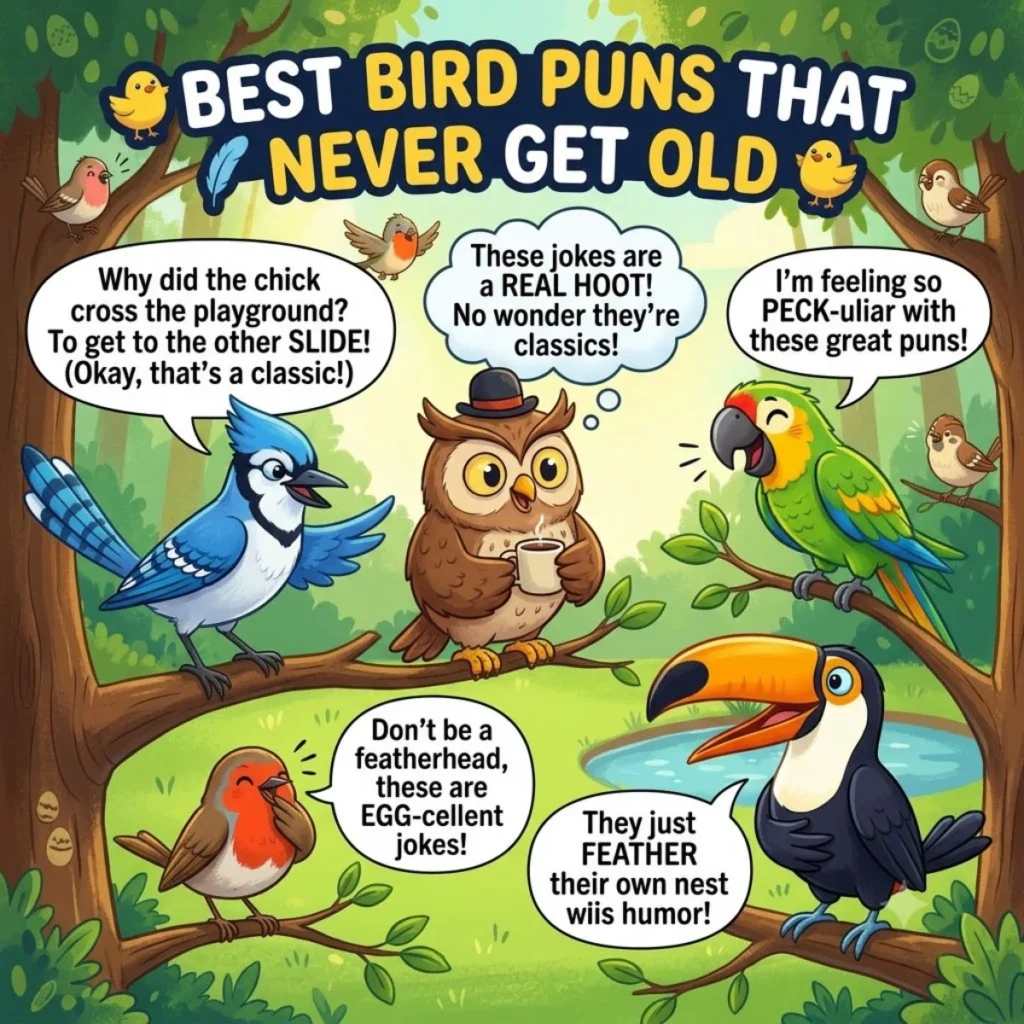 Cartoon birds in a forest sharing funny bird puns.