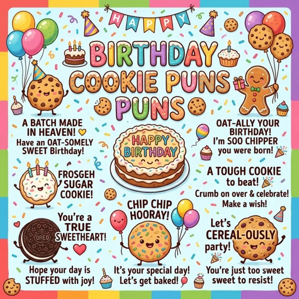 : Colorful birthday cookie puns graphic with animated characters, balloons, and a central birthday cake